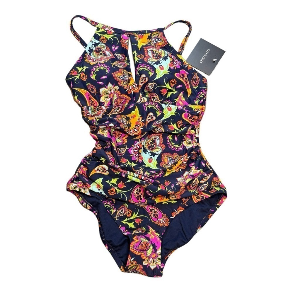 Ellen Tracy Navy Paisley One-Piece Swimsuit with Multi-Color Print